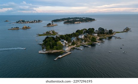 An aerial shot of the Thimble Islands in Branford, CT, USA