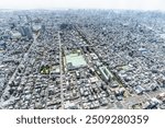 An aerial shot of the Tokyo skyline from the tallest tower in the world, the Tokyo Skytree, in downtown Tokyo, Japan