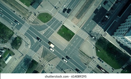 Aerial Shot Of Urban Road Intersection On A Sunny Day, Top View