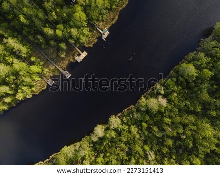 Aerial shot view of a river with docks near the forest at Navarre, Florida.Wooden long pier to the dock at the river through the tall trees in a forest.