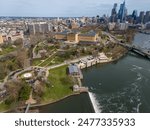 Aerial shots of Philadelphia Schulkill River and Boathouse Row