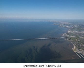 Aerial Shots Of Tokyo Bay Aqua Line And Kisarazu City, Chiba Prefecture In Japan