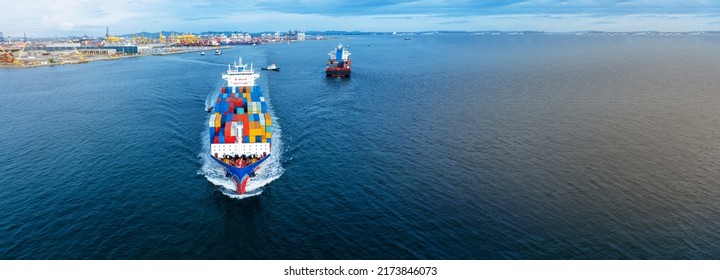 Aerial Side View Of Cargo Ship Carrying Container And Running For Export  Import Shipping Freight  From  Cargo Yard Port To Custom Ocean Concept Technology Transportation , Customs  Forwarder Mast