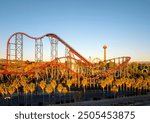 Aerial of Six Flags Magic Mountain amusement park, rollercoaster rides, trees at sunrise. X2 rollercoasters 