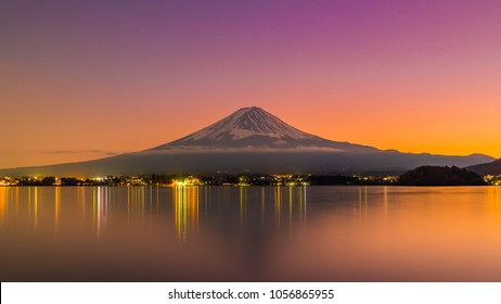 Aerial Skyline Landscape Of Fuji Mountain. Iconic And Symbolic Mountain Of Japan. Scenic Sunset Landscape Of Fujisan At Evening Time, Kawaguchiko, Yamanashi, Japan.