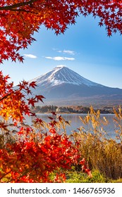 Aerial Skyline Landscape Of Fuji Mountain With Beautiful Autumn Leaves. Iconic And Symbolic Mountain Of Japan. Scenic Sunset Landscape Of Fujisan At Evening Time, Kawaguchiko, Yamanashi, Japan.