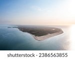 Aerial skyline panorama of Skagen Odde peninsula and Grenen - a meeting point of North and Baltic Sea. North Jutland, Nordjylland, Denmark