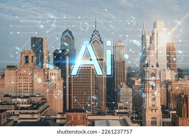 Aerial skyline of Philadelphia financial downtown, Pennsylvania, USA. City Hall Clock Tower, sunrise. Hologram of Artificial Intelligence concept. AI, machine learning, neural network, robotics