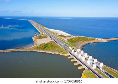 Aerial from sluices at Kornwerderzand in the Netherlands