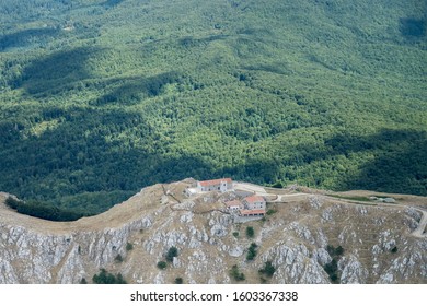 Aerial, From A Small Plane, Of Viggiano Madonna Mountain Sanctuary, Shot In Bright Summer Light,  Agri Valley, Potenza, Basilicata, Italy
