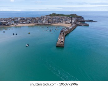 Aerial St Ives Harbour Near Carbis Bay Cornwall England Uk 