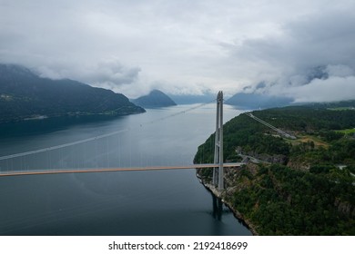 Aerial Summer Beautiful View Of Hardanger Bridge, Norway