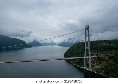 Aerial Summer Beautiful View Of Hardanger Bridge, Norway