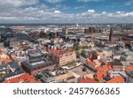 Aerial summer skyline cityscape of Central Malmö, Sweden. Lilla Torg square is in the foreground.