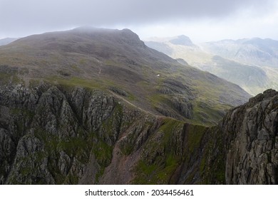 Aerial Summer View In Cloudy Scafell Pike, Lake District, United Kingdom