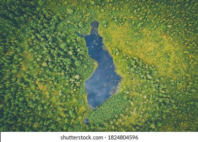 Aerial Summer View Of A Finland Shaped Lake In Finnish Lapland