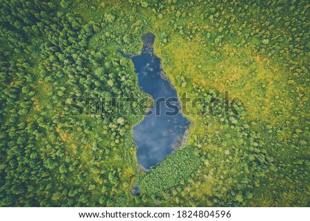 Aerial summer view of a Finland shaped lake in Finnish Lapland