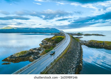 Aerial Summer View Of Scenic Atlantic Ocean Road (Atlanterhavsveien)  In Norway