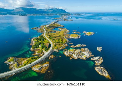 Aerial summer view of scenic Atlantic Ocean Road (Atlanterhavsveien)  in Norway