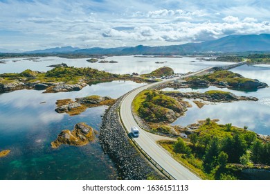 Aerial summer view of scenic Atlantic Ocean Road (Atlanterhavsveien)  in Norway