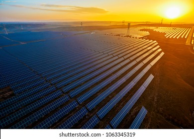 Aerial Sunset Outdoor New Energy Solar Photovoltaic Panels