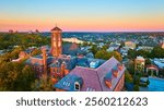 Aerial Sunset Over Historic Church and River in Cincinnati