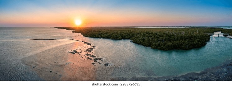 Aerial sunset panorama of Saddlebunch Key, in Florida Keys, Florida.