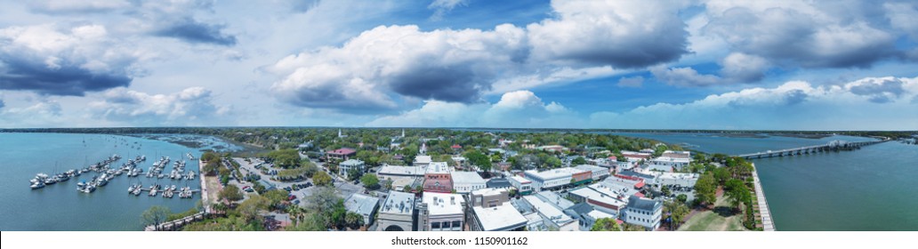 Aerial sunset view of Beaufort, South Carolina. Panoramic picture from drone perspective.