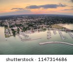 Aerial Sunset View of Sheboygan, Wisconsin on Lake Michigan