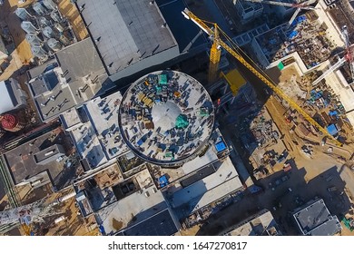 Aerial Survey Of A Nuclear Power Plant Under Construction. Installation And Construction Of A Power Plant. Nuclear Power.