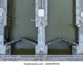 
Aerial symmetrical top down view of lock on Albert Canal in Wijnegem, Antwerp