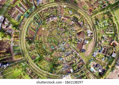 Aerial Tiny World Distortion Above Vegetable Allotment Plots