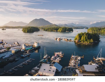 Aerial of Tofino inlet with fishing boats and islands
