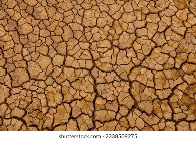 AERIAL TOP DOWN: Arid barren wasteland with a striking crack pattern on surface. Vast area of cracked soil caused by deforestation and long period of dry spell. Visible outcome of global warming.