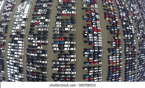 Aerial Top Down Bird View Of New Car Storage Parking Lot Showing Imported New Vehicles Or Ready To Export New Automobiles Storage Facility Car Industry For American And European Market For Car Sales