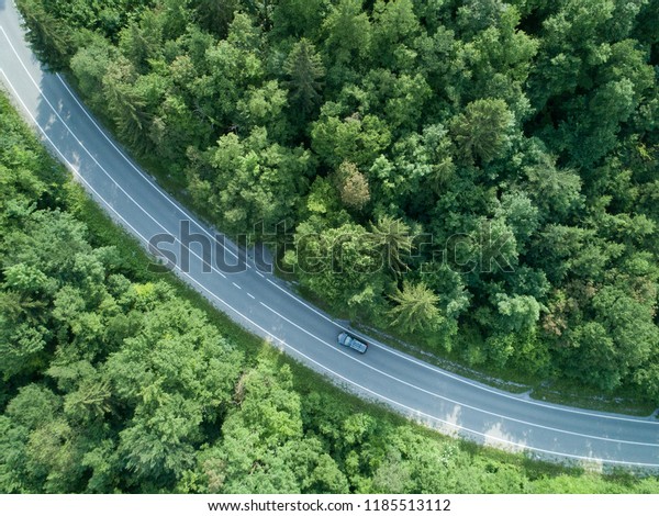 AERIAL, TOP DOWN: Dark car drives through a\
long curve of an asphalt road running through a tranquil forest.\
Tourists on a fun road trip drive along the country path in rural\
part of green Slovenia.