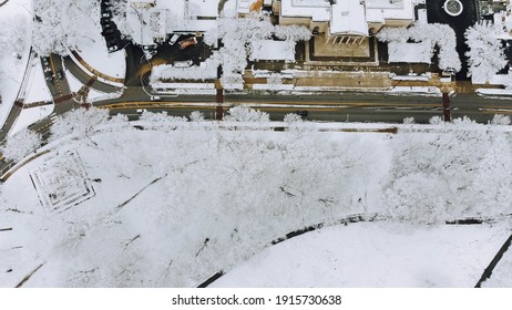 Aerial Top Down Drone View Of A Snow Covered Baltimore City 