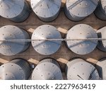Aerial top down of grain elevator storage facility for wheat grains after harvesting