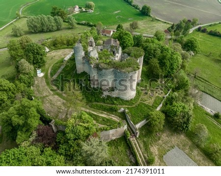 Aerial top down ground plan view of Montaigu le blin Gothic ruin castle in Allier department in Central France. Lower courtyard surrounded by ruined wall, inner castle semi-circular flanking tower