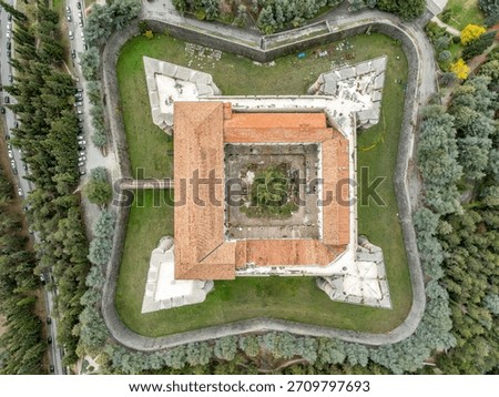 Aerial top down ground plan view of L'Aquila's massive 16th-century Renaissance fortress with four bastions, built by the Spanish geometric symmetry 