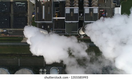 Aerial Top Down Photo Of Coal Fired Power Plant Thermal Station This Electricity Production Provides About 32 Percent Of Consumed Electricity In The United States Showing Thick White Flue Exhaust