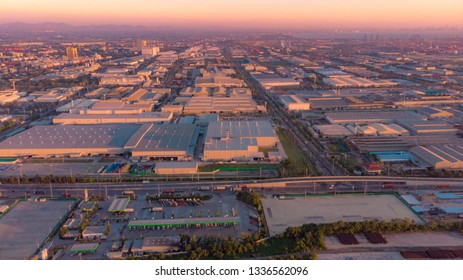 Aerial Top Down Photo Of Industrial Estate At Evening