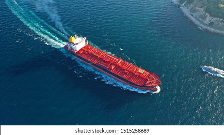 Aerial Top Down Photo Of Industrial Crude Oil Fuel Tanker Ship Cruising Open Ocean Sea