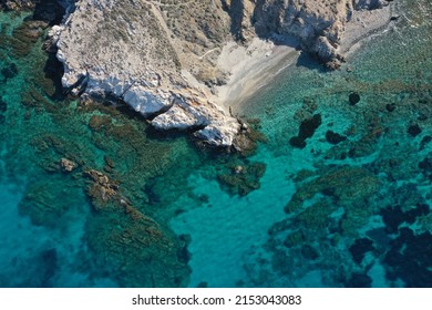 Aerial Top Down Photo In Mykonos Island With Turquoise Waters In Greece