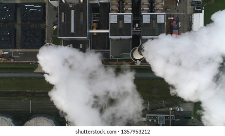 Aerial Top Down Picture Of Coal Fired Power Plant Thermal Station This Electricity Production Provides About 32 Percent Of Consumed Electricity In The United States Showing Thick White Flue Exhaust