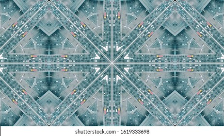 Aerial top down shot of a major city road traffic jam, kaleidoscopic effect