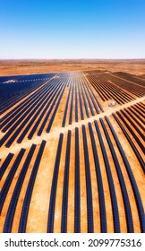 Aerial Top Down To Sky View Of Industrial Solar Panels Power Plant Near Broken Hill Town Of Australian Outback.