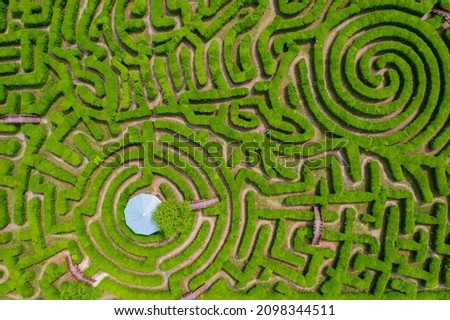 Aerial top down view about the Labyrinth of Csillagösvény which is the second largest attraction of Ópusztaszer, Hungary. Great choice for everyone looking for a little relaxation.