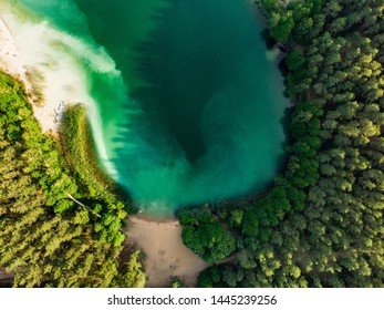 Aerial top down view of beautiful green waters of lake Gela. Birds eye view of scenic emerald lake surrounded by pine forests. Clouds reflecting in Gela lake, near Vilnius city, Lithuania.