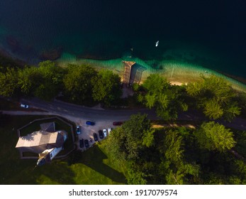 Aerial top down view of the Bohinj lake. Beautiful landscape ot the Triglav mountains, national park, summer forest and the church (Cerkev sv. Duha, Ribcev Laz), Slovenia, Europe - Shutterstock ID 1917079574